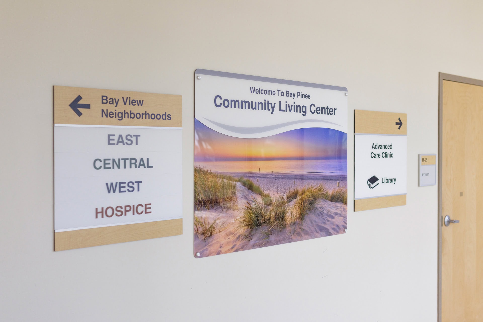 VA Bay Pines CLC Entrance Welcome Sign with Flanking Directionals