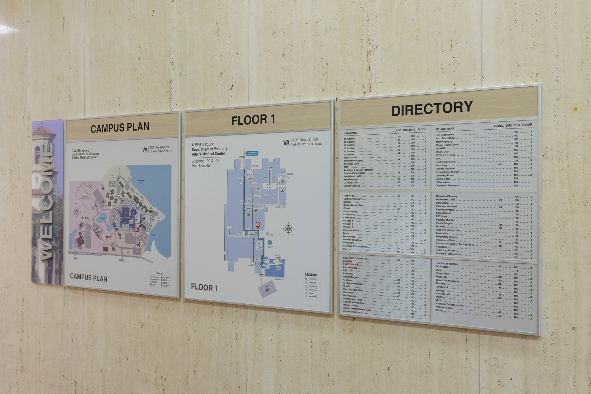 VA Bay Pines Map & Directory Signs at Lobby Entrance